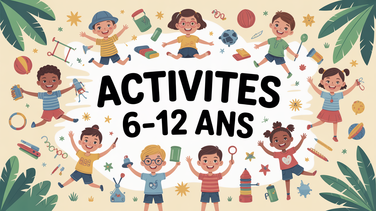 Enfants 6-12 ans jouant créant explorant illustration tropicale