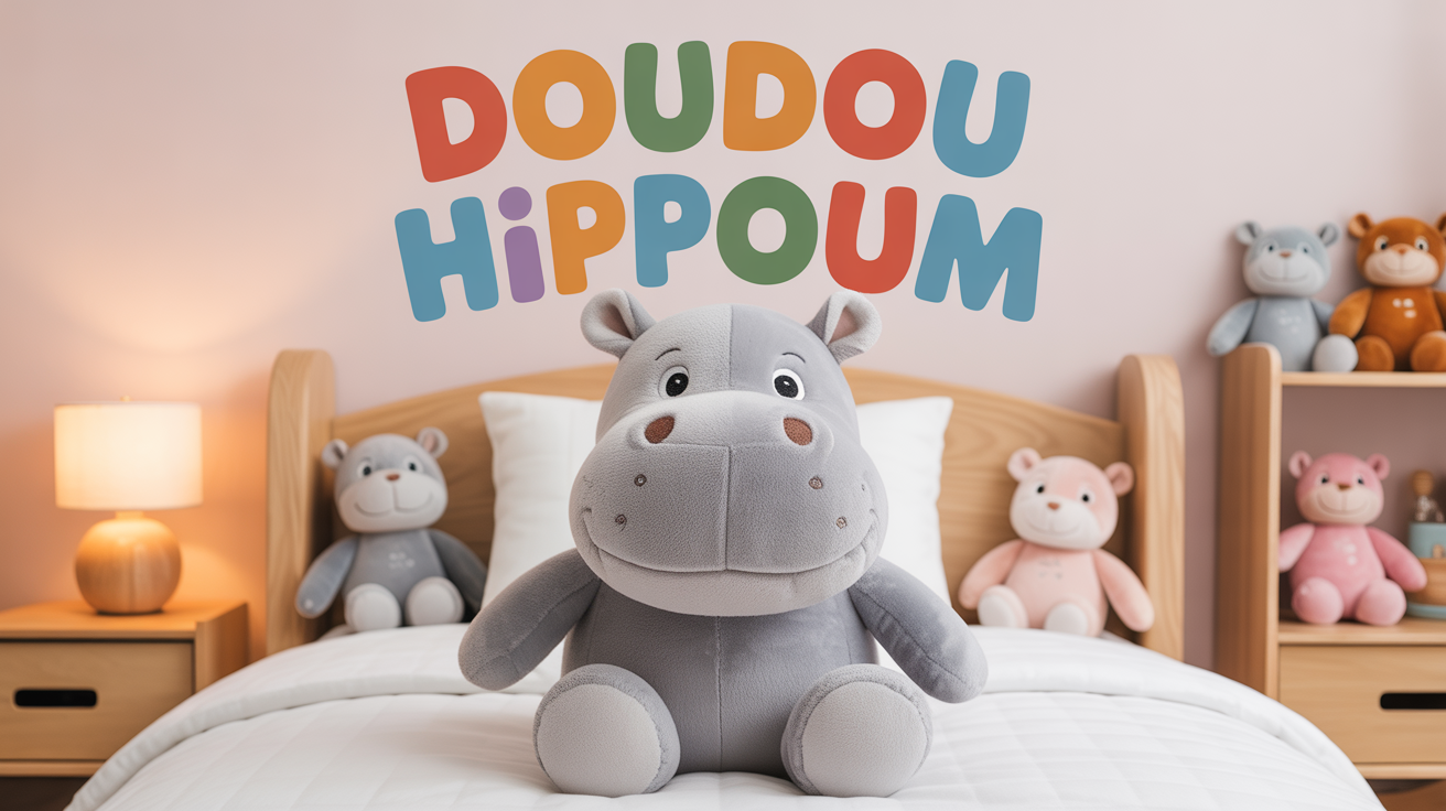 photo doudou hippoum lit enfant sourire paisible