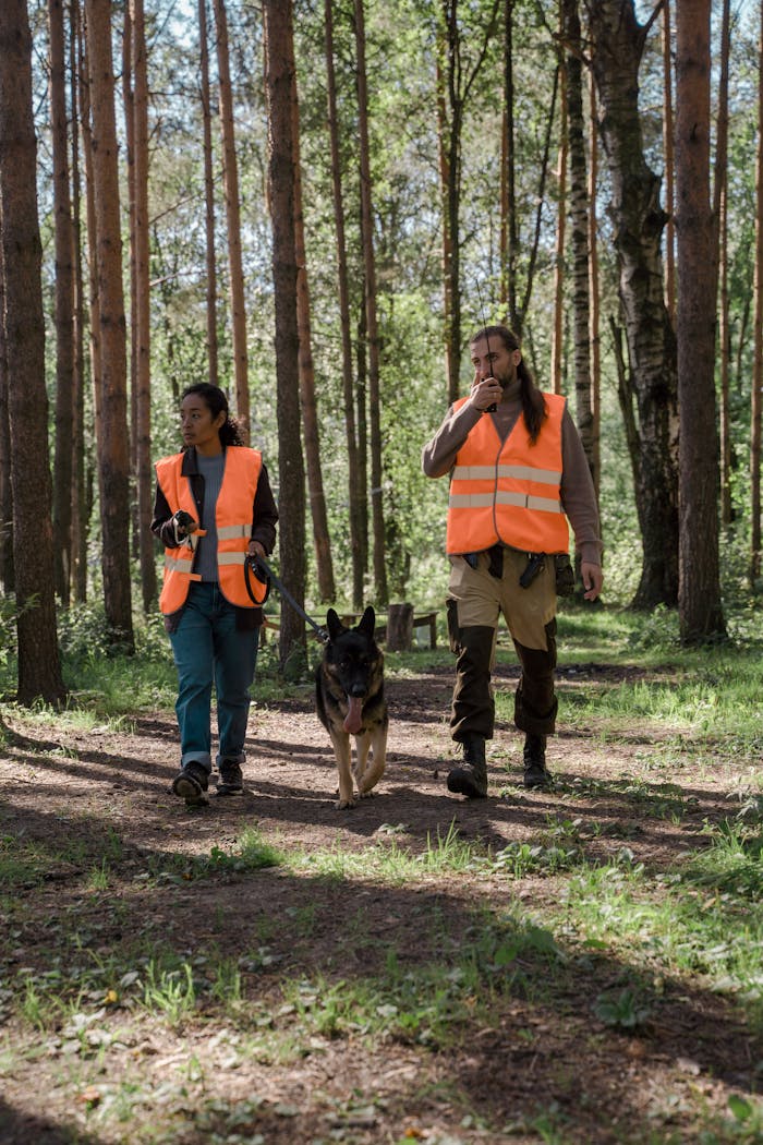 Two volunteers with a German Shepherd dog walking along a forest trail during a search mission.