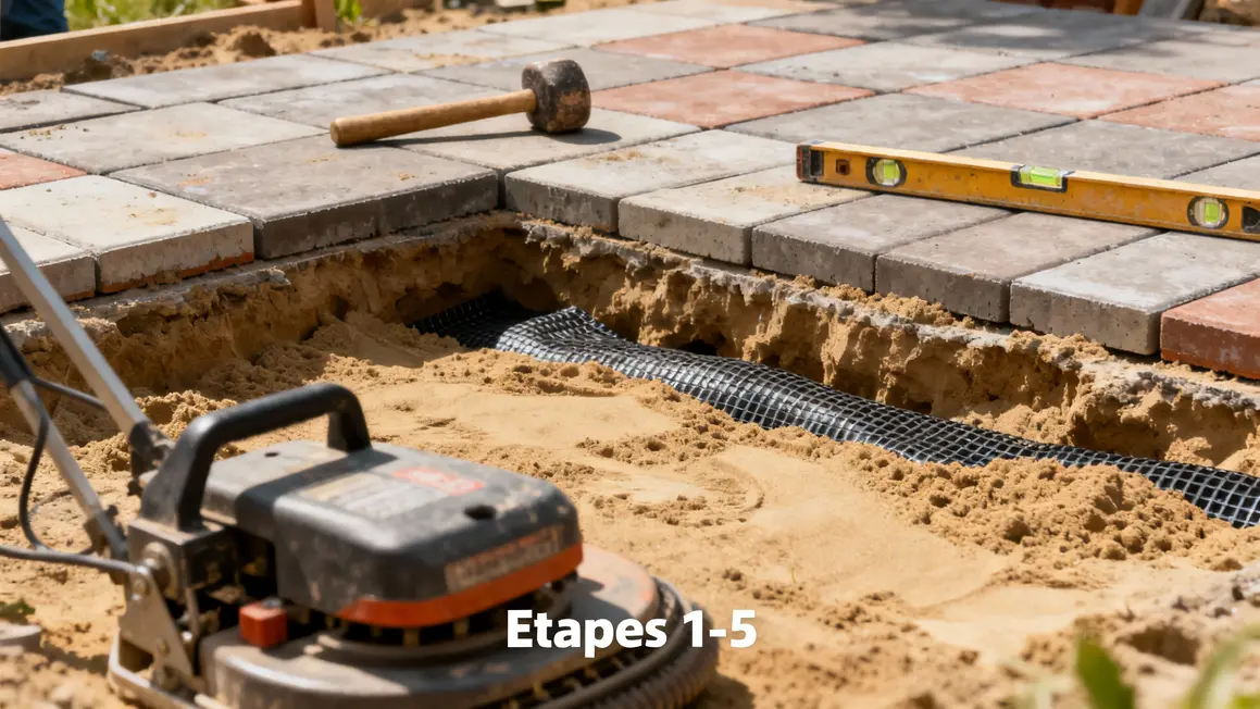 Préparation terrain et pose dalle sur sable étapes