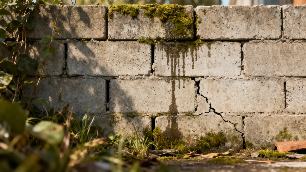 facade de parpaing brut avec humidite et fissures