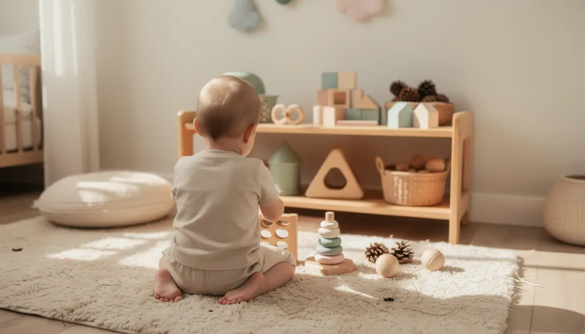 Enfant joue avec jeux Montessori chambre 18 mois