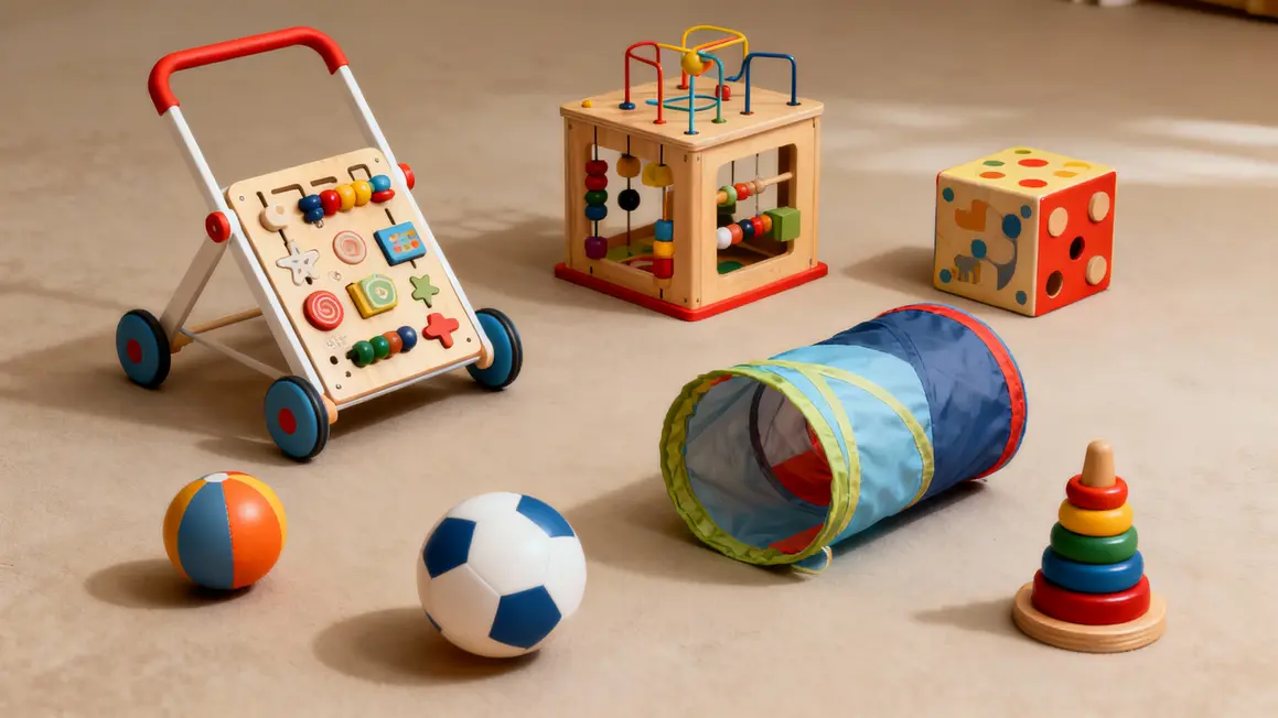 jouets motricite bebe 1 an chariot busy board cubes anneaux balles tunnels