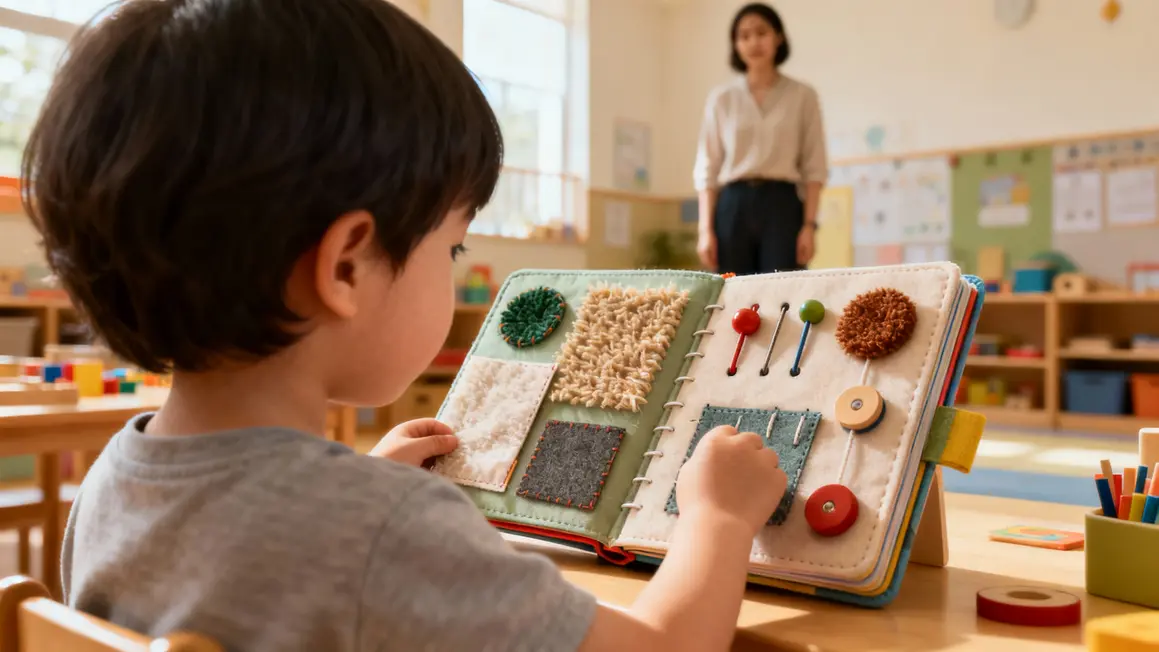 Enfant manipule livre activité Montessori sensorielle en maternelle