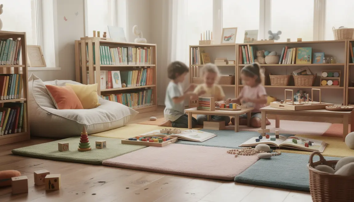 Bibliothèque enfant avec livres activités Montessori ouverts et jouets sensoriels