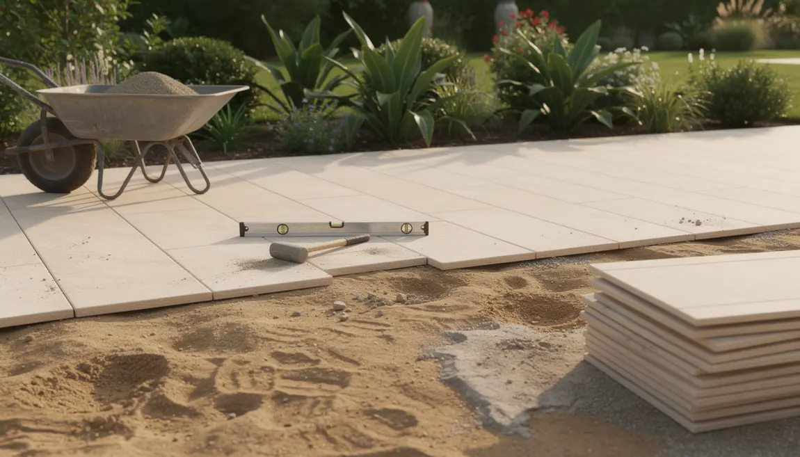 Terrasse extérieure : pose de dalle sur sable, outils chantier