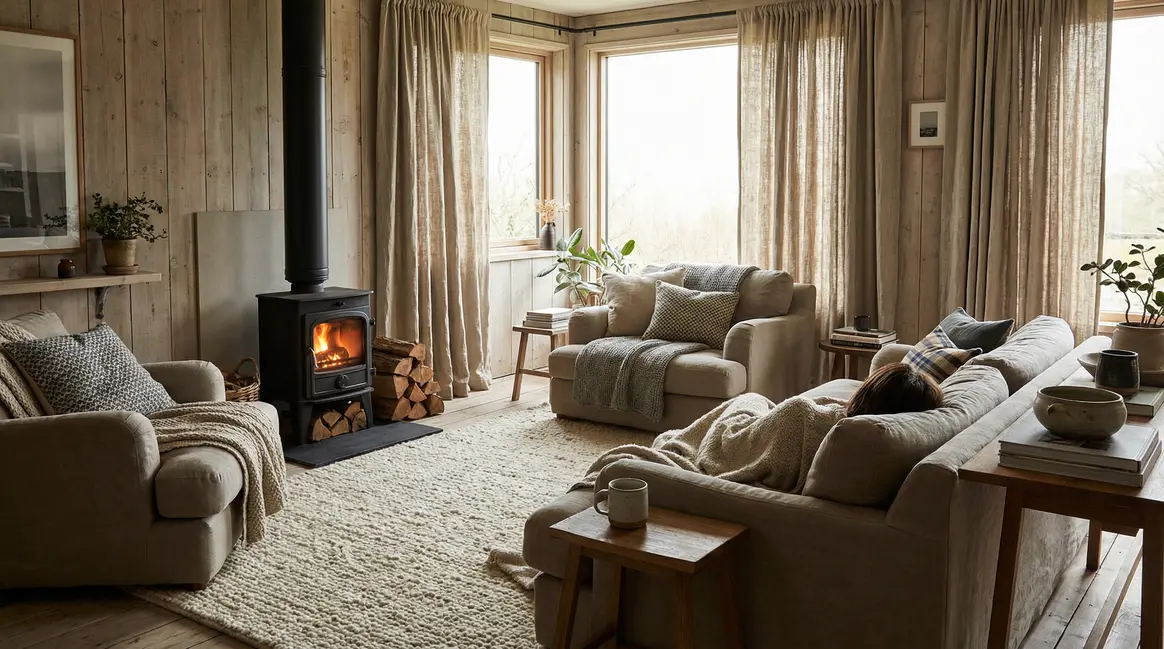 Salon chaleureux avec poêle à bois et matériaux naturels