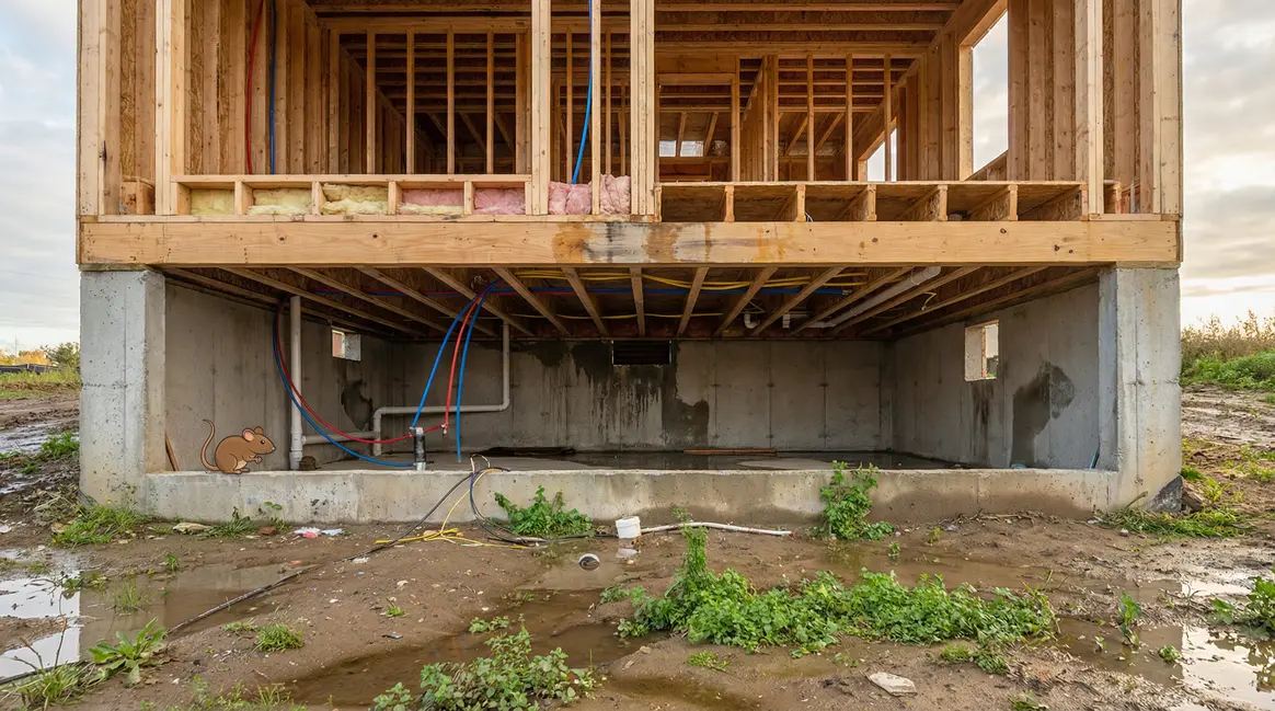 Coupe d'une maison vide sanitaire fondation humidite rongeurs reseaux