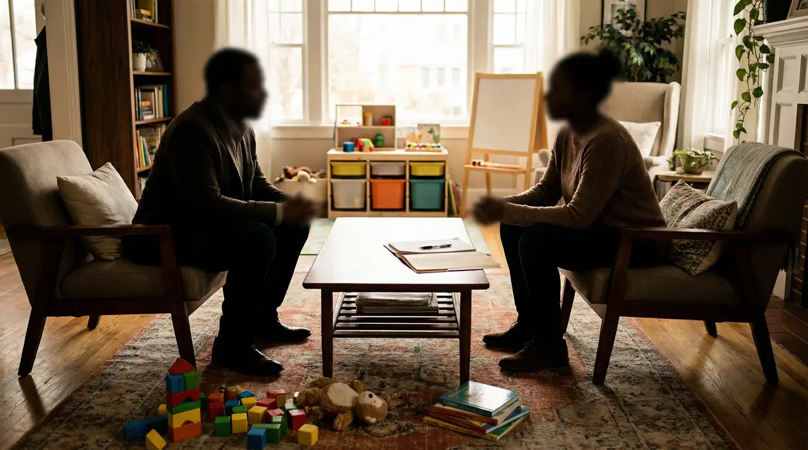 Parent et assistante sociale échange information préoccupante domicile