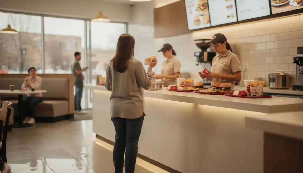 Femme enceinte devant comptoir fast-food, choisit un menu McDonald's sereinement