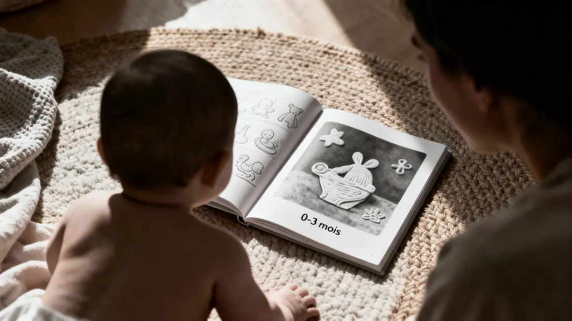 Imagier Montessori noir blanc bébé sur tapis