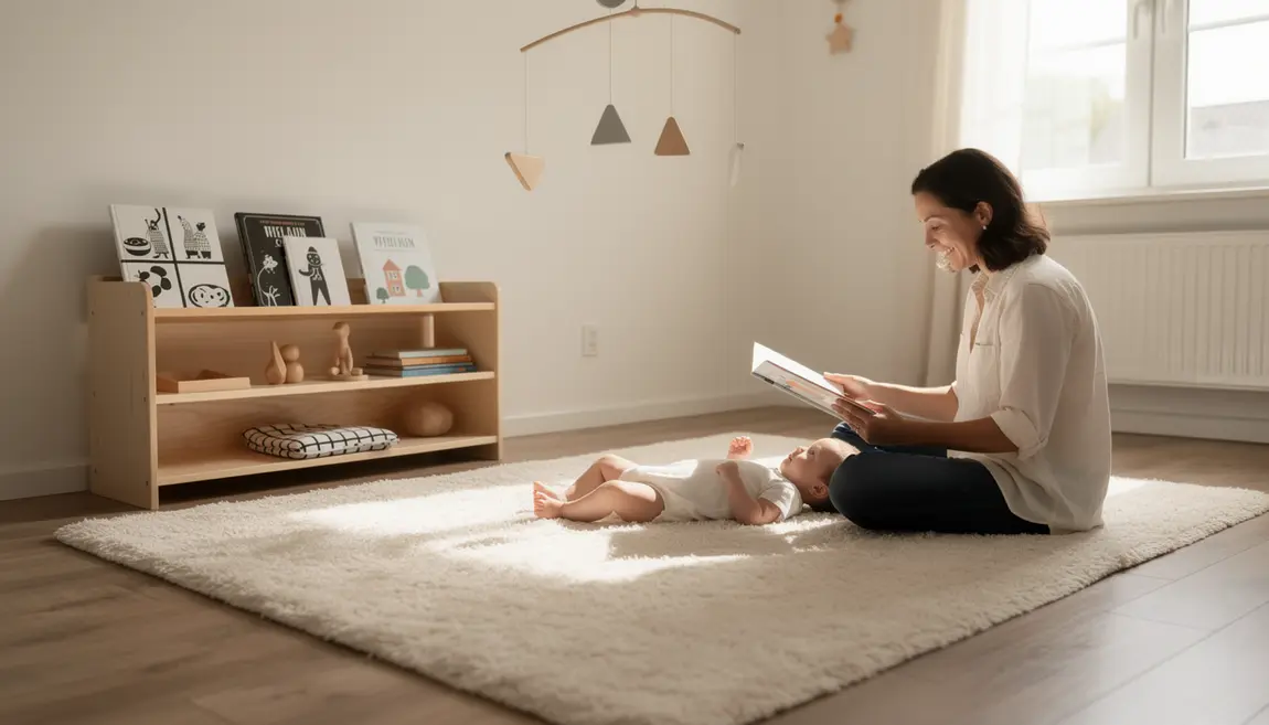 Livre Montessori bébé sensoriel dans chambre, lecture parent sur tapis