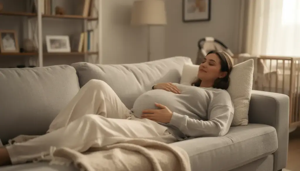 Femme enceinte allongée, main sur ventre, ambiance chaleureuse