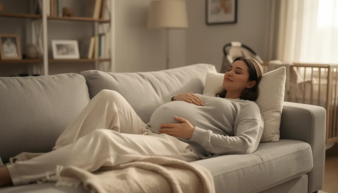 Femme enceinte allongée, main sur ventre, ambiance chaleureuse