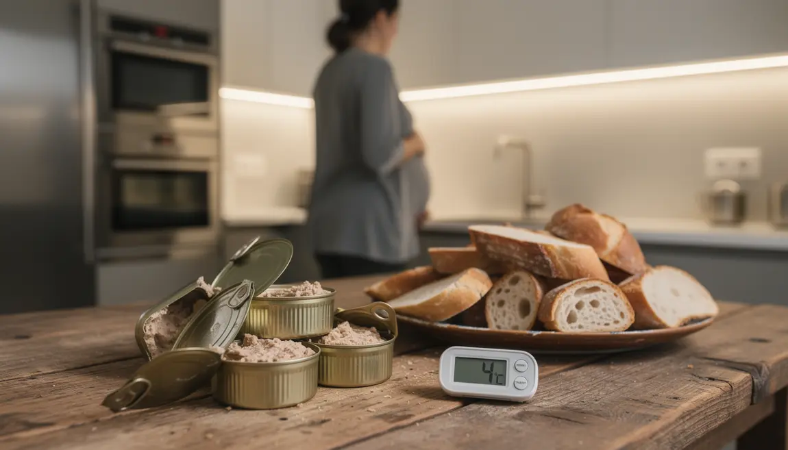 Femme enceinte surveille rillettes conserve et thermomètre 4C sur table