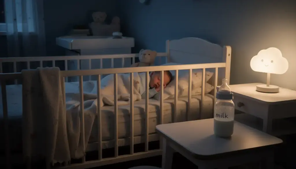 Bébé dort paisiblement au biberon dans une chambre tamisée