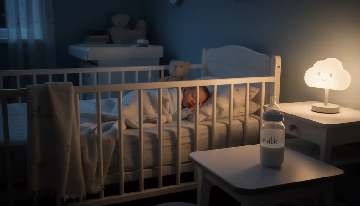 Bébé dort paisiblement au biberon dans une chambre tamisée