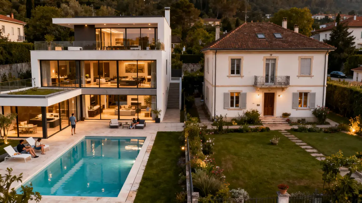 deux maisons cote a cote villa moderne piscine baies vitrées et maison standard simple