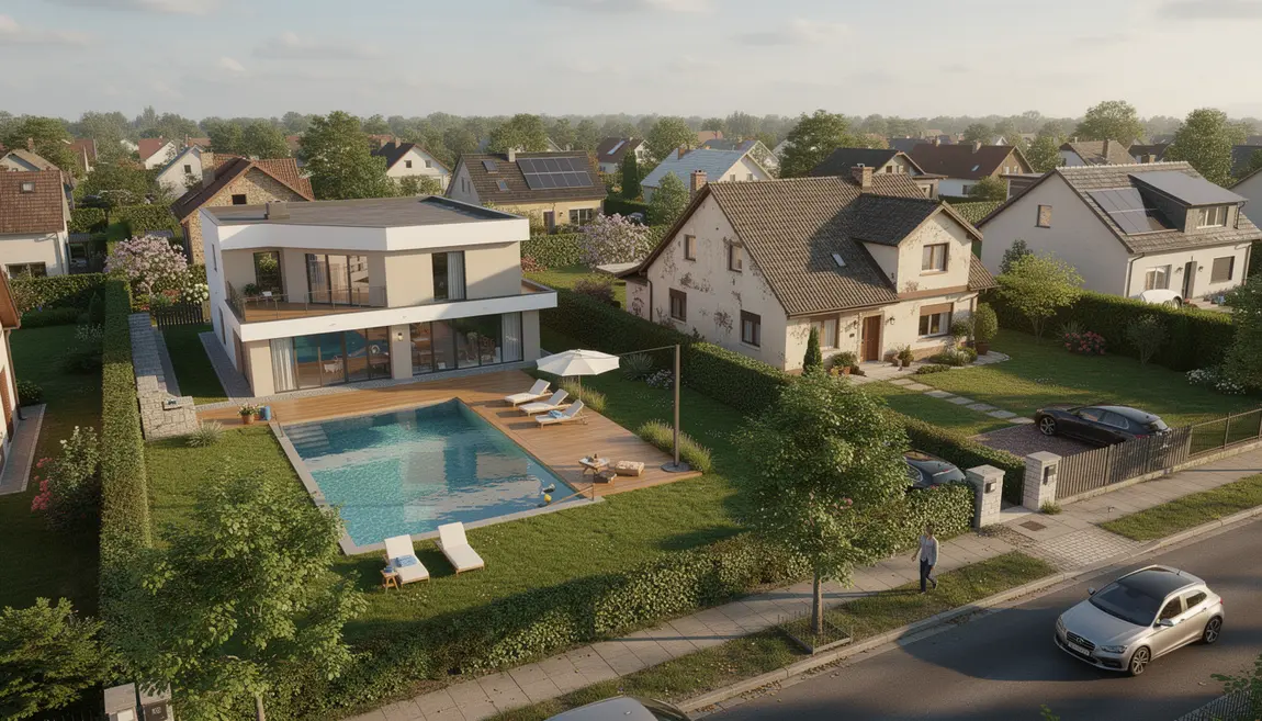vue aérienne villa piscine et maison standard avec jardin quartier résidentiel