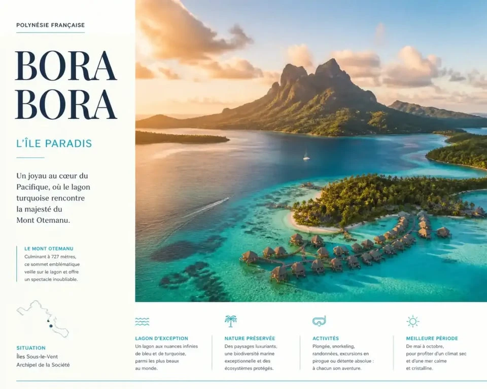 Paysage emblématique de Bora Bora avec le Mont Otemanu dominant le lagon turquoise