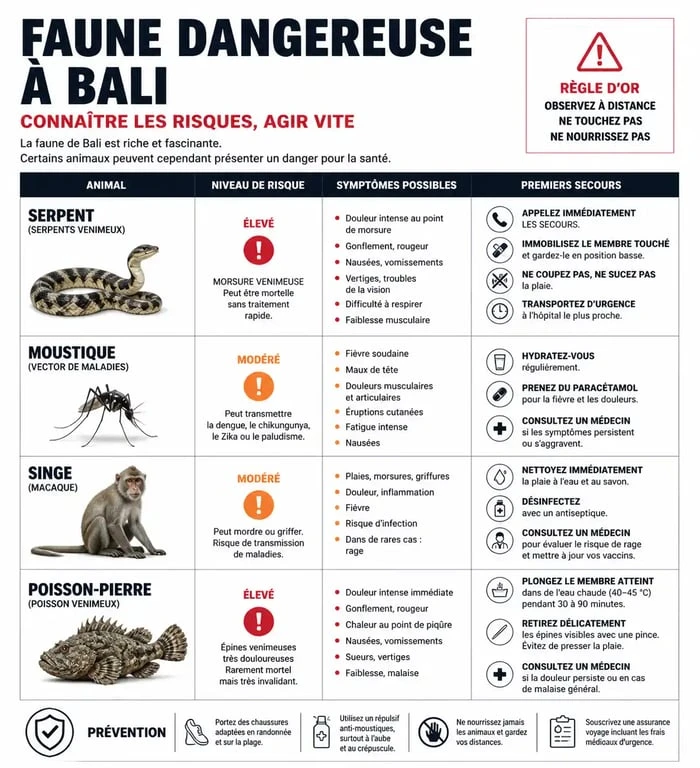 Infographie des animaux dangereux à Bali et conseils de sécurité pour les voyageurs