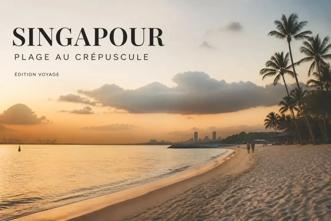 Singapour plage : panorama de plage tropicale à Sentosa au coucher du soleil