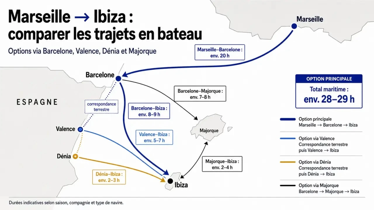Marseille Ibiza bateau : comparaison visuelle des itinéraires via Barcelone, Valence, Dénia et Majorque avec durées maritimes