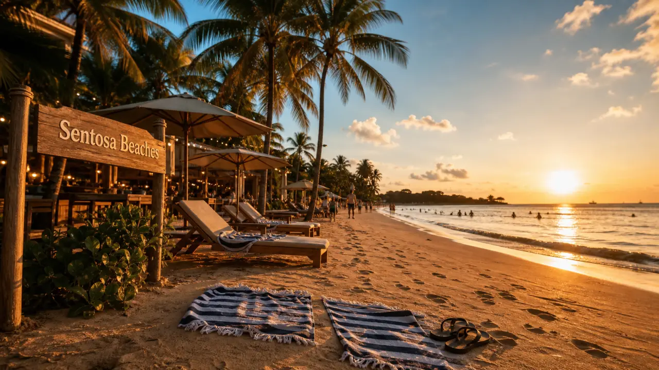 Singapour plage à Sentosa : sable et palmiers au coucher de soleil