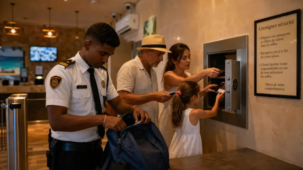 Île Maurice sécurité : agent contrôle sac à l’entrée d’un hôtel