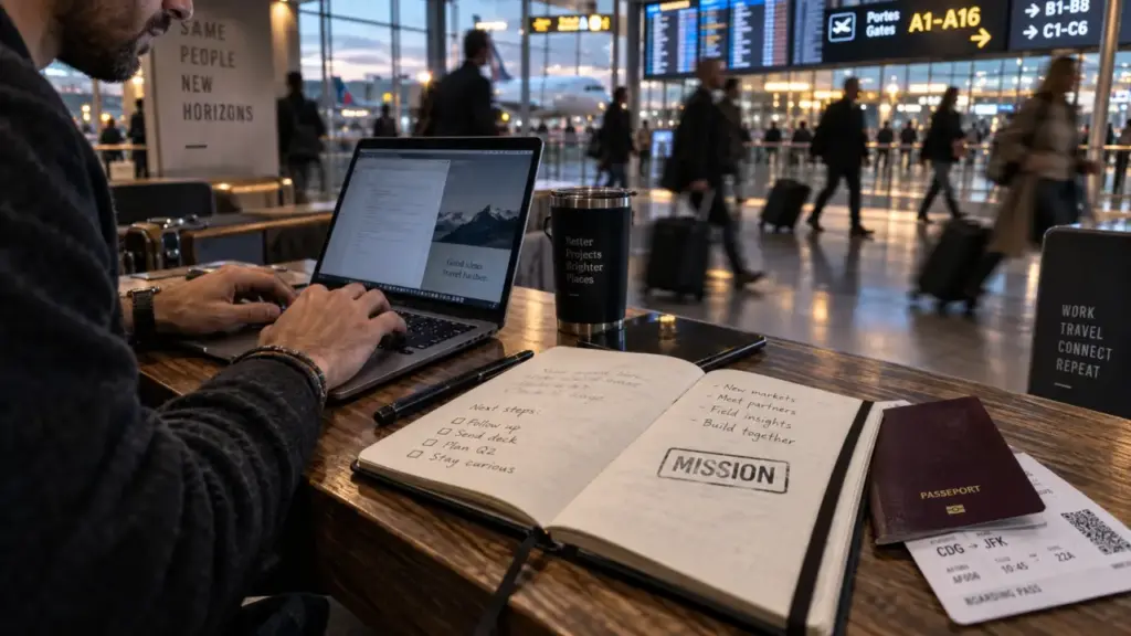 Payé pour voyager : nomade avec carnet, laptop et billets au quai d’aéroport