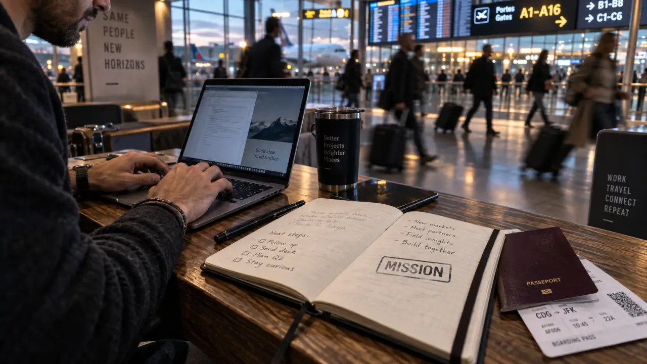 Payé pour voyager : nomade avec carnet, laptop et billets au quai d’aéroport