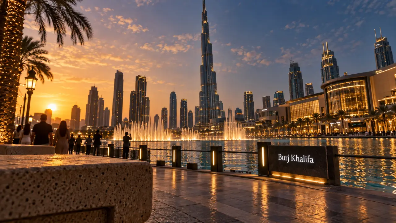 Visiter Dubaï en 5 jours : Burj Khalifa près du Dubai Lake, golden hour
